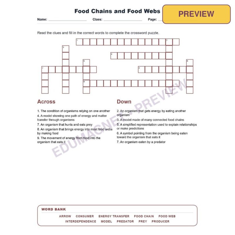 Food Chains And Food Webs (Crossword Worksheets) Virginia SOL LS.5