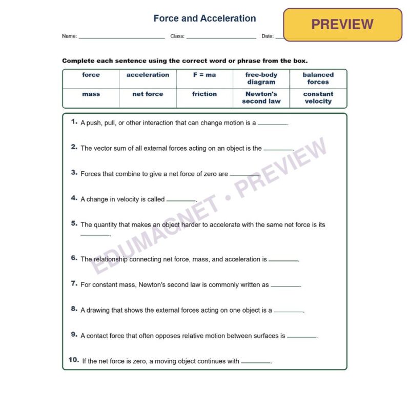 Force And Acceleration Fill MCQ Written Exit Tickets Worksheet NGSS Grade 8