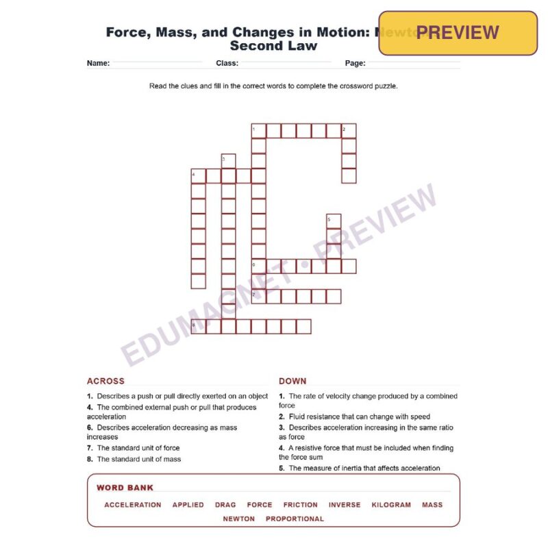 Force, Mass, And Changes In Motion Newton S Second Law (Crossword Worksheets) NGSS MS PS2 2