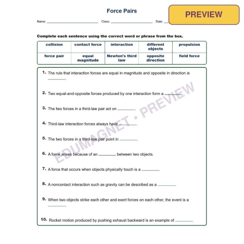 Force Pairs Fill MCQ Written Exit Tickets Worksheet NGSS Grade 8