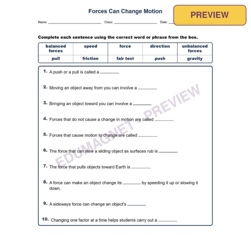 Forces Can Change Motion Fill MCQ Written Exit Tickets Worksheet NGSS Grade 3
