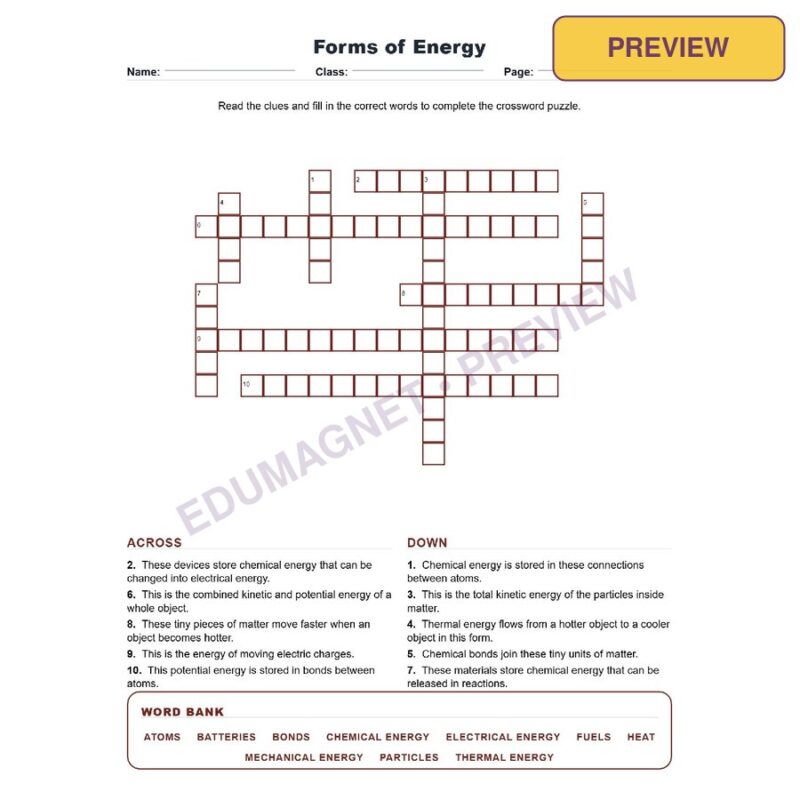 Forms Of Energy (Crossword Worksheets) Grade 8 Science Chapter 7