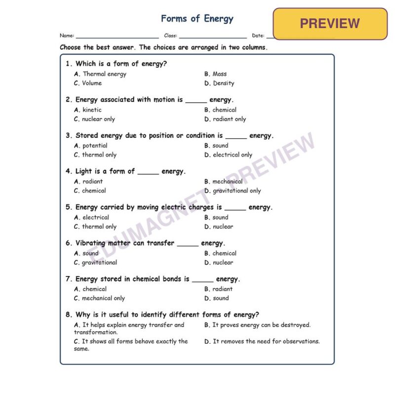 Forms Of Energy MCQs Fill Written Exit Tickets Worksheet SOL Physical Science