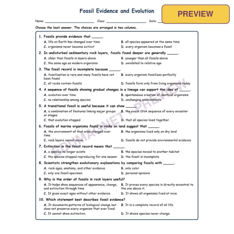 Fossil Evidence And Evolution MCQ Fill Written Exit Worksheet SOL Life Scien