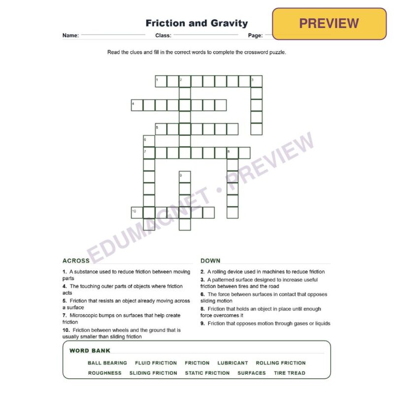 Friction And Gravity (Crossword Worksheets) Grade 8 Science Forces