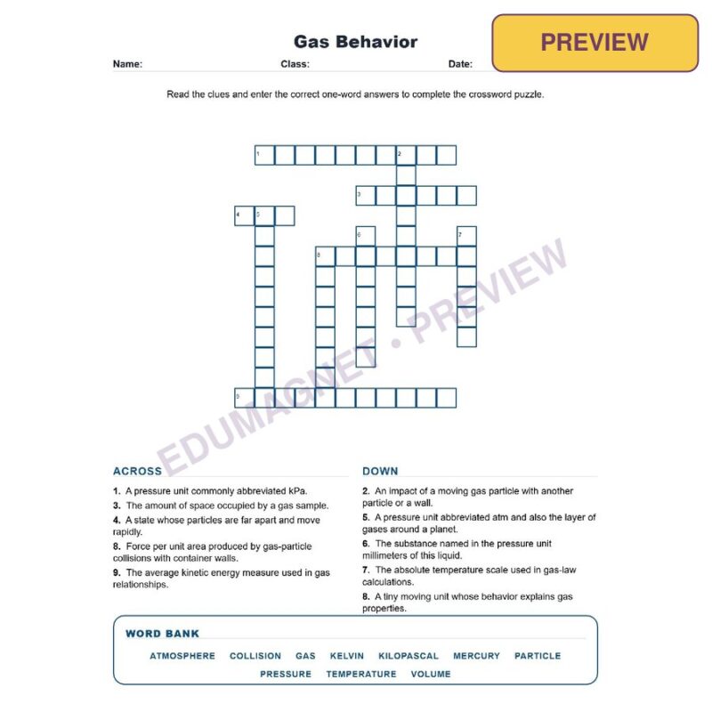 Gas Behavior Crossword Worksheets Grade 8 Science