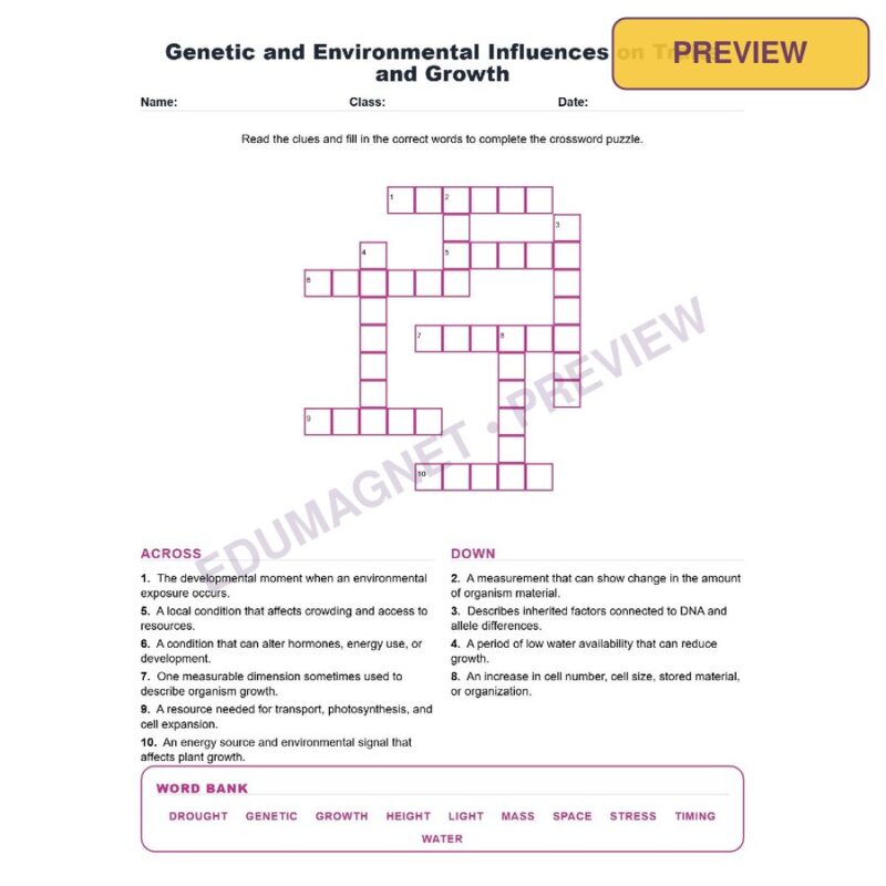 Genetic And Environmental Influences On Traits And Growth (Crossword Worksheets) NGSS MS LS1 5