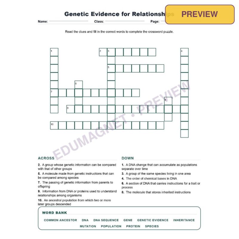 Genetic Evidence For Relationships (Crossword Worksheets) Virginia SOL LS.11