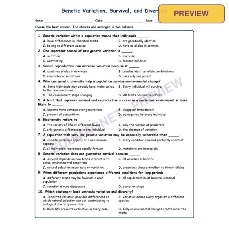 Genetic Variation, Survival, And Diversity MCQ Fill Written Exit Worksheet