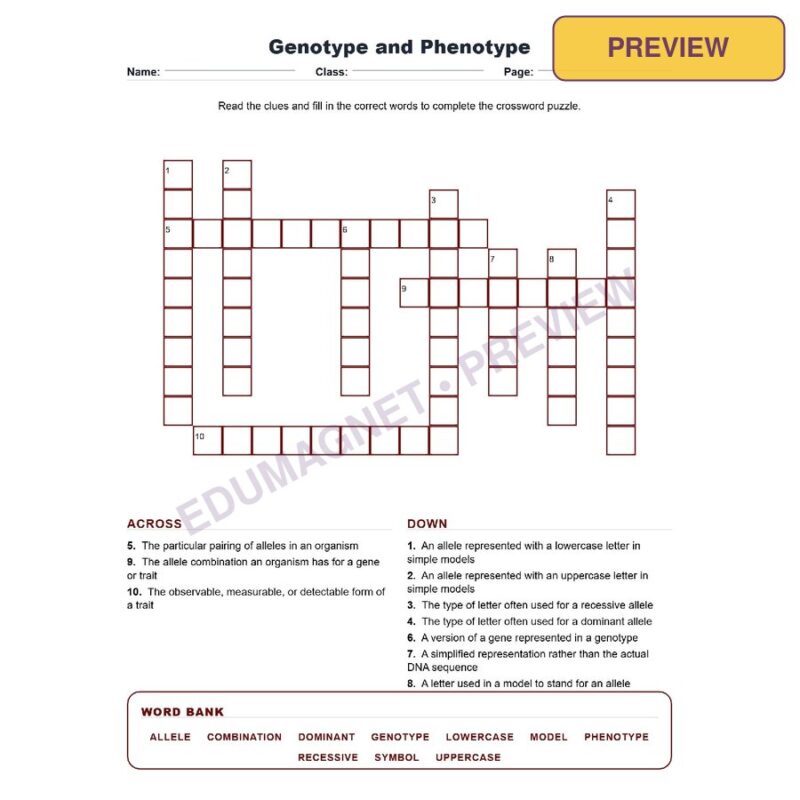 Genotype And Phenotype (Crossword Worksheets) Virginia SOL LS.10