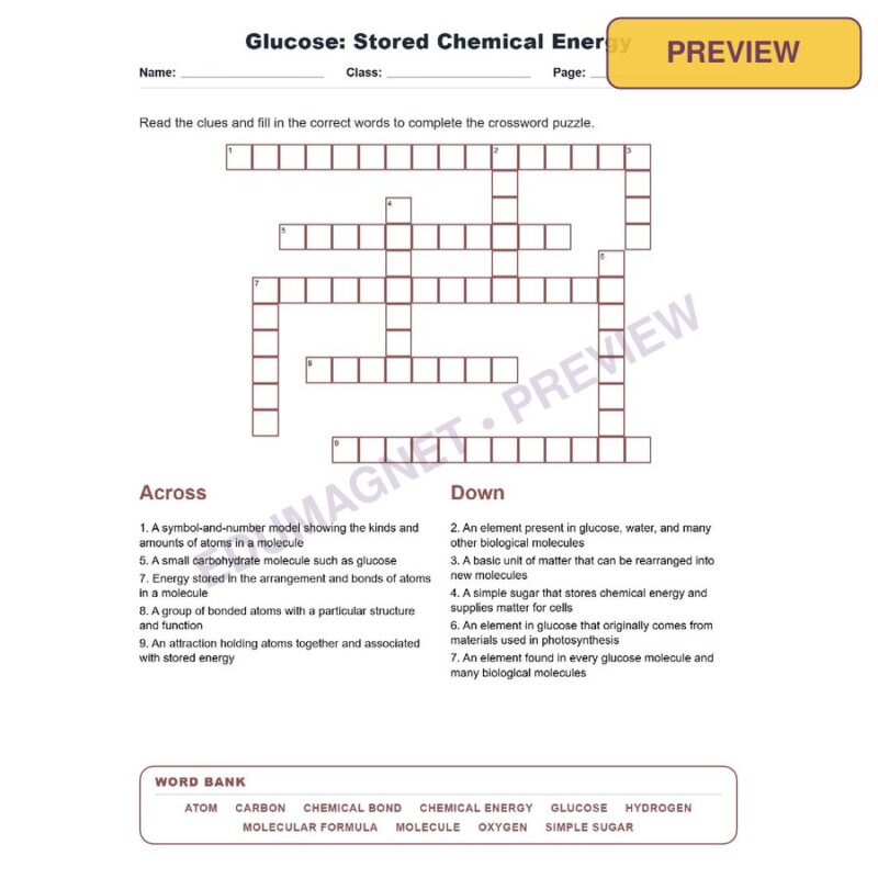 Glucose Stored Chemical Energy (Crossword Worksheets) Virginia SOL LS.4