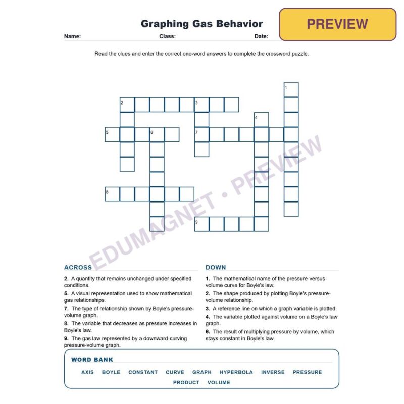 Graphing Gas Behavior Crossword Worksheets Grade 8 Science