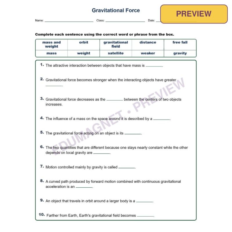Gravitational Force Fill MCQ Written Exit Tickets Worksheet NGSS Grade 8