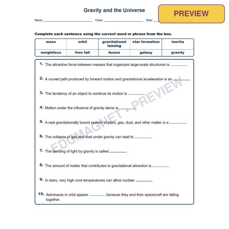 Gravity And The Universe Fill MCQ Written Exit Tickets Worksheet NGSS Grade 8
