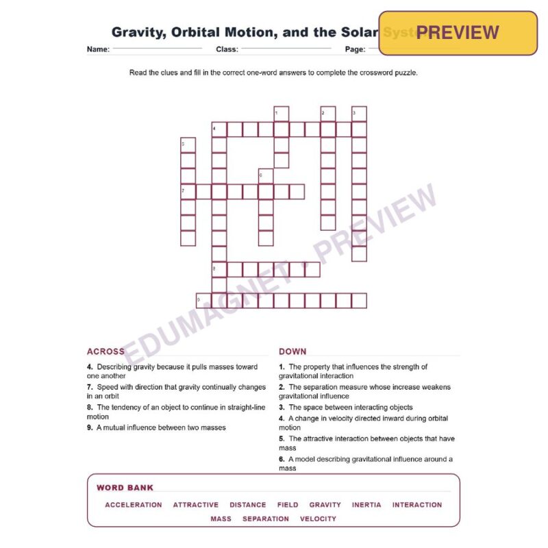 Gravity, Orbital Motion, And The Solar System (Crossword Worksheets) Grade 8 NGSS