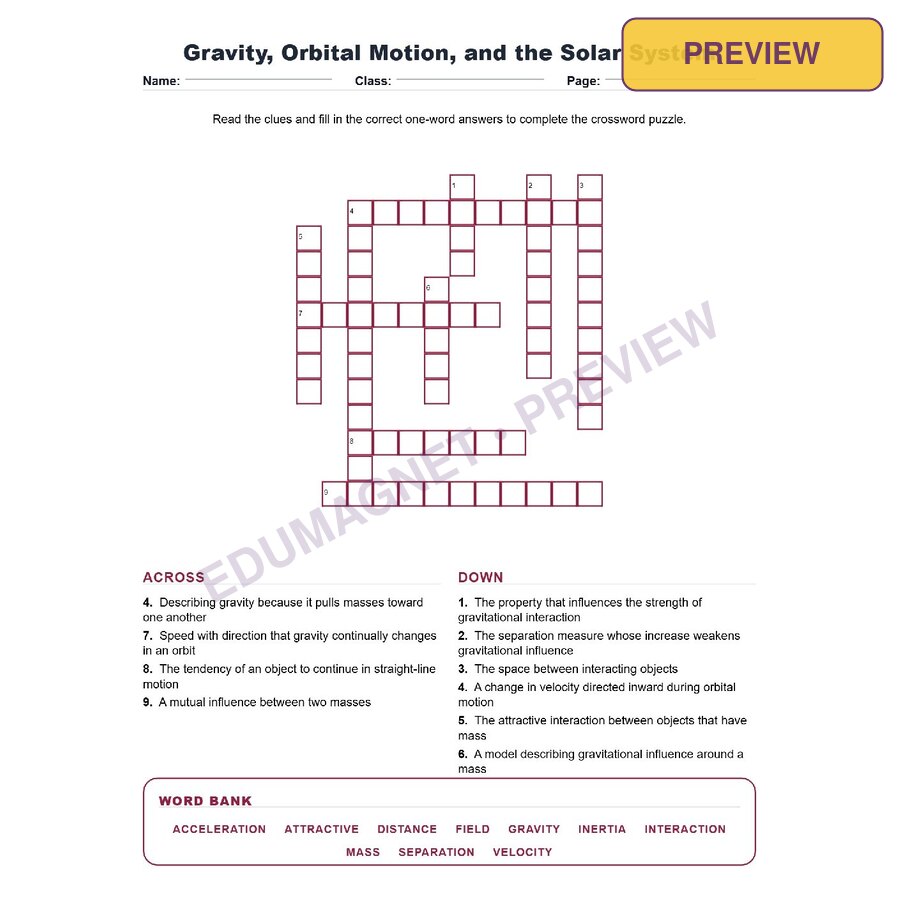 Gravity, Orbital Motion, And The Solar System (Crossword Worksheets) Grade 8 NGSS