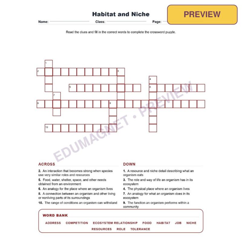 Habitat And Niche (Crossword Worksheets) Virginia SOL LS.6 And LS.7