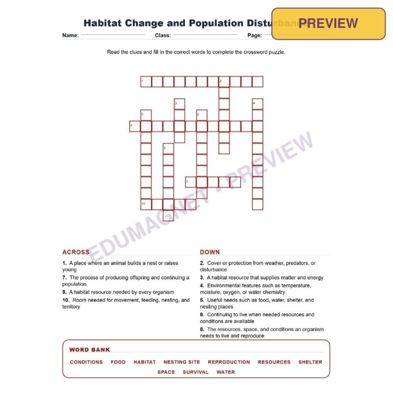 Habitat Change And Population Disturbance (Crossword Worksheets) Virginia Grade 7 Life Science Unit 8