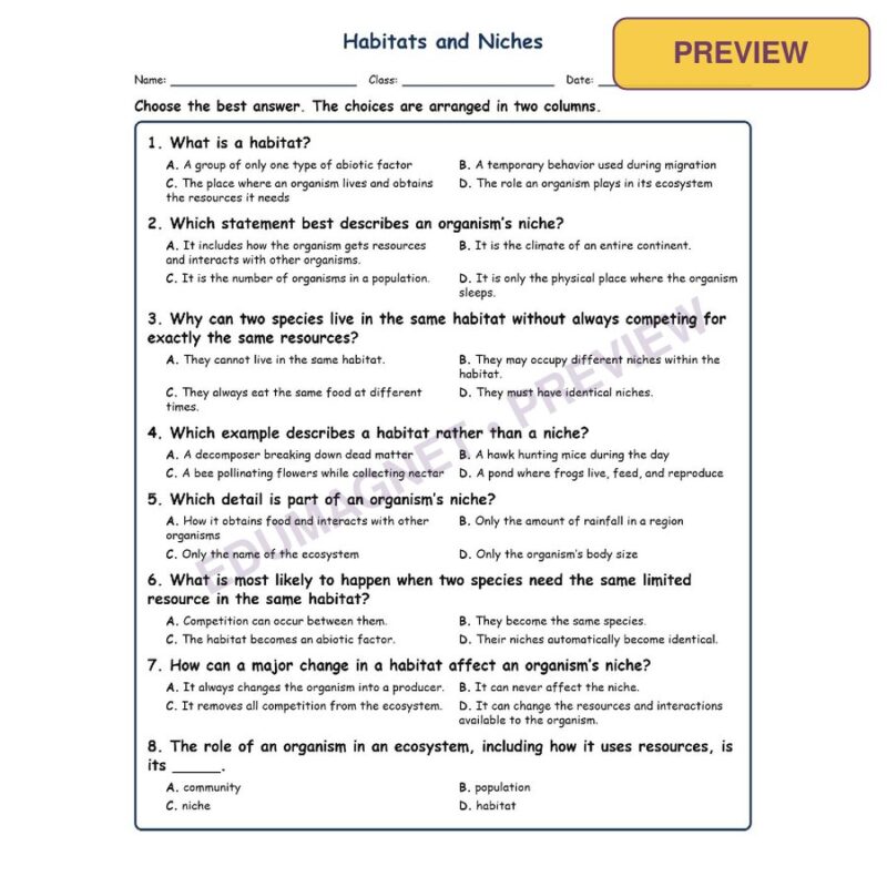 Habitats And Niches Life Science Virginia SOL LS.6D MCQ Fill Short Exit Worksheets