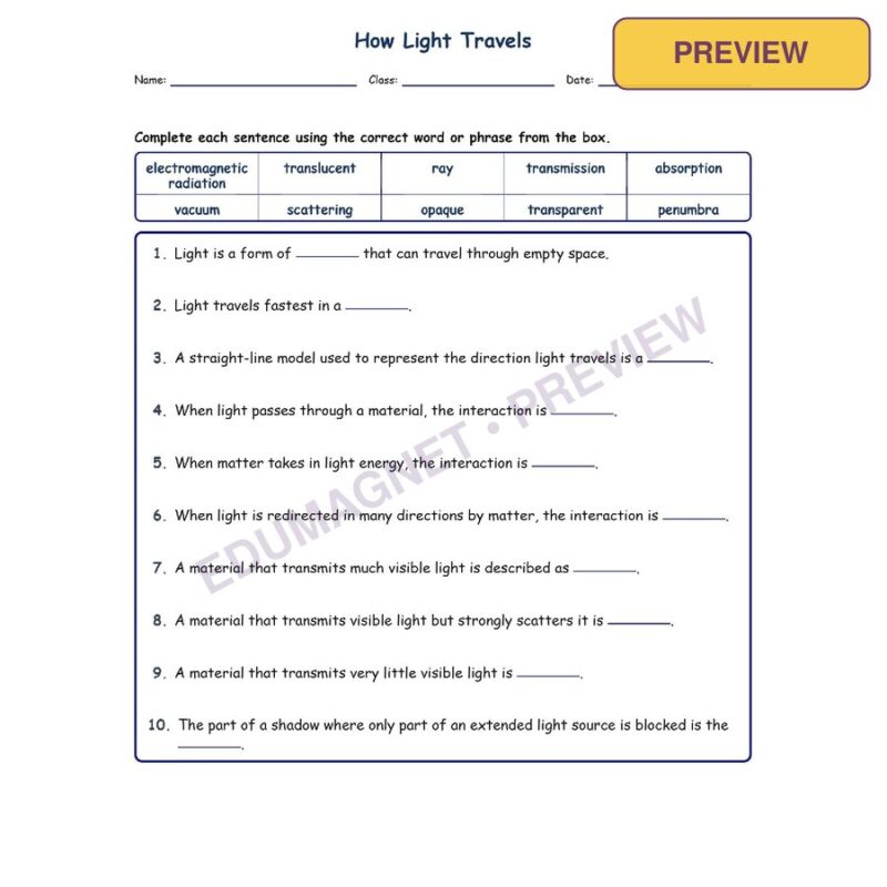 How Light Travels Fill MCQ Written Exit Tickets Worksheet NGSS Grade 8