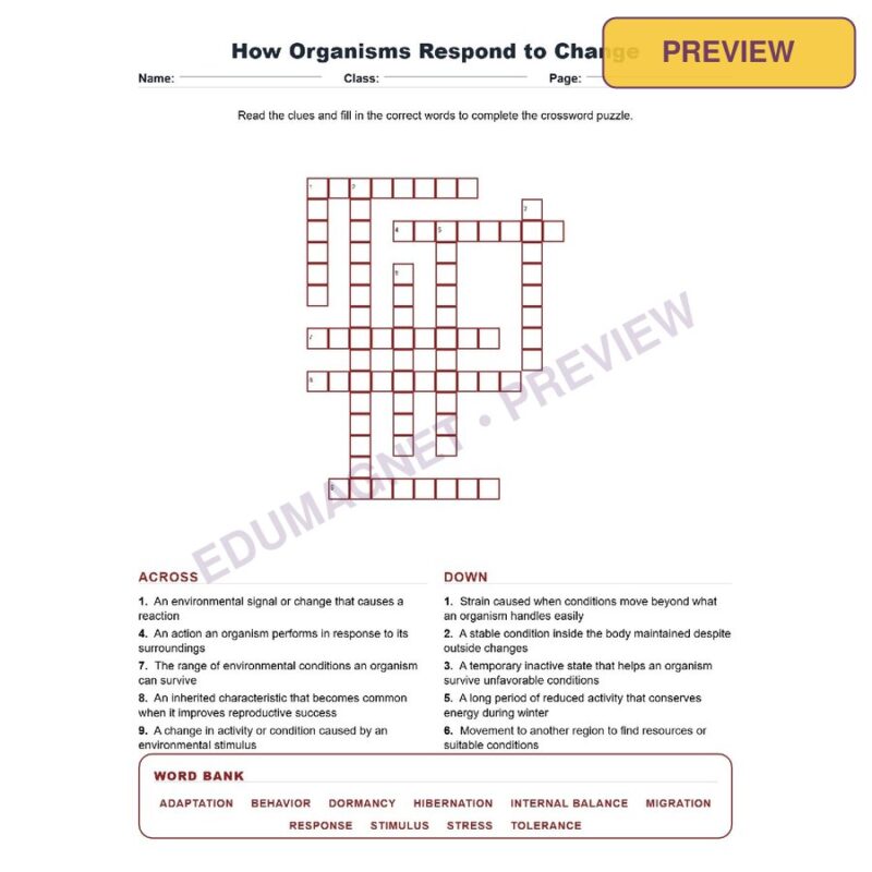 How Organisms Respond To Change (Crossword Worksheets) Virginia Life Science SOL LS.8