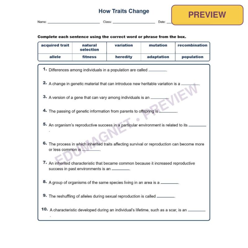 How Traits Change Fill MCQ Written Exit Tickets Worksheet NGSS Grade 8