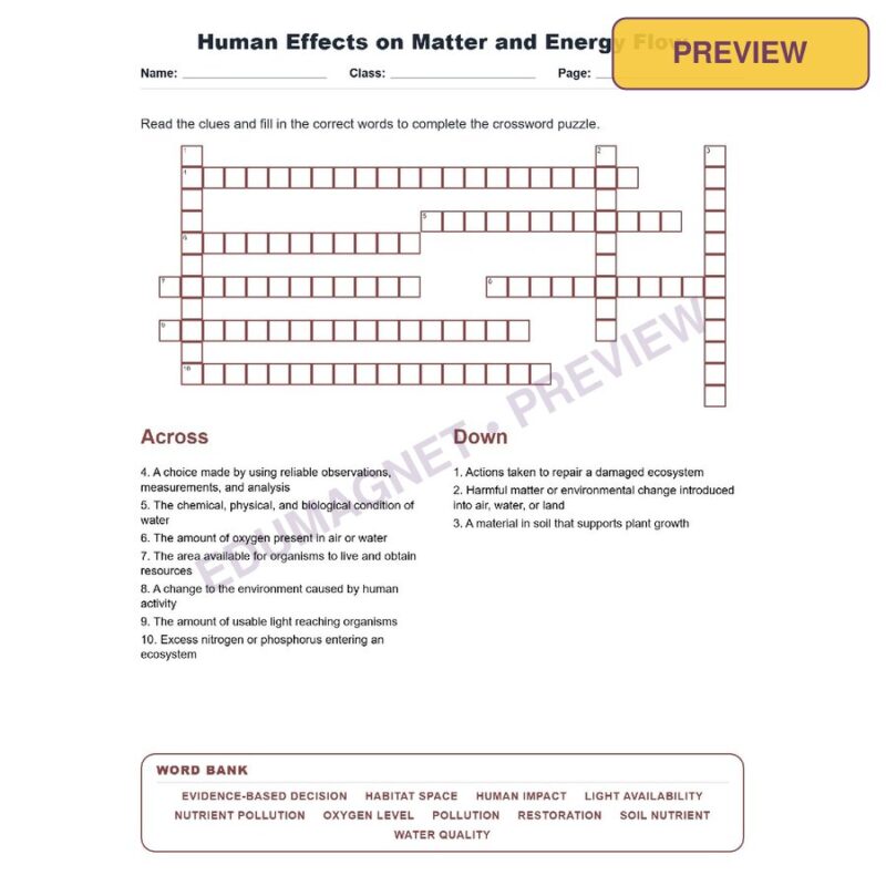 Human Effects On Matter And Energy Flow (Crossword Worksheets) Virginia SOL LS.5