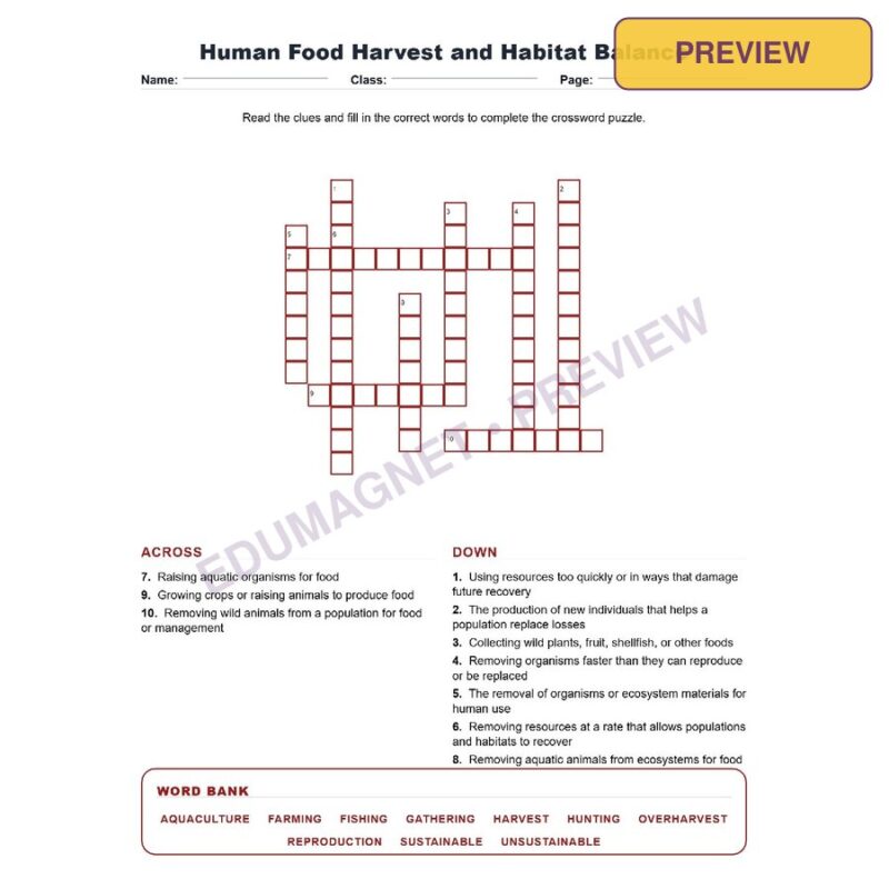 Human Food Harvest And Habitat Balance (Crossword Worksheets) Virginia Grade 7 Life Science Unit 8