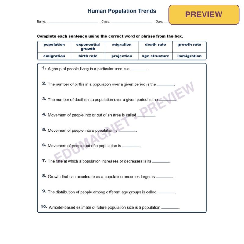 Human Population Trends Fill MCQ Written Exit Tickets Worksheet NGSS Grade 8