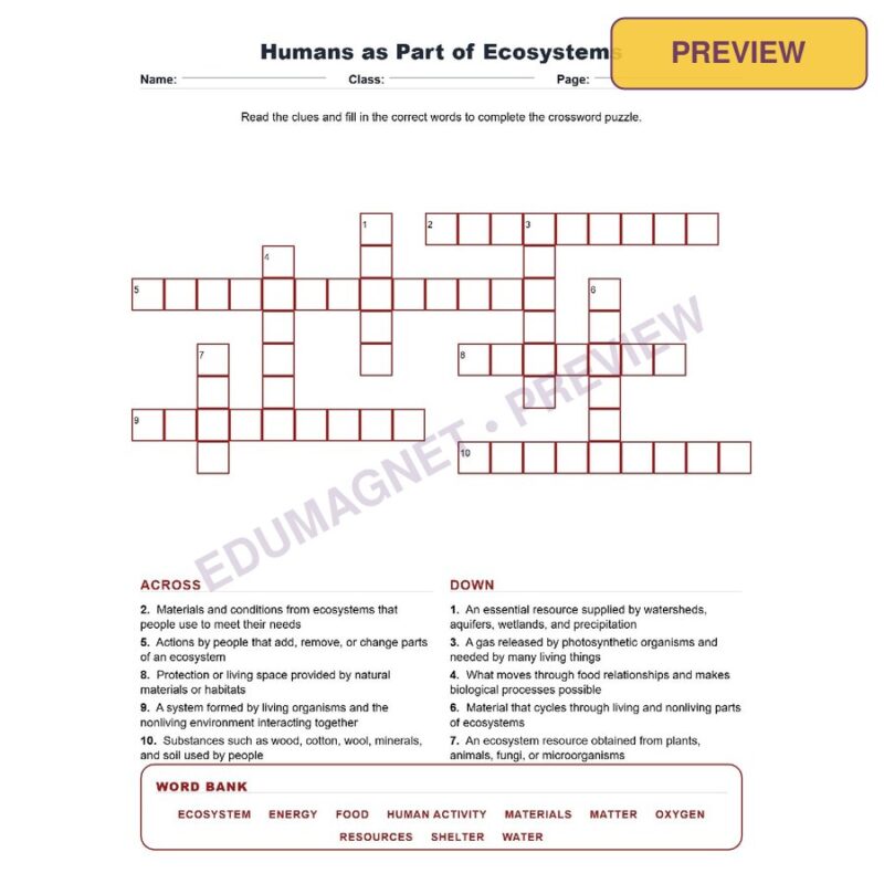 Humans As Part Of Ecosystems (Crossword Worksheets) Virginia Grade 7 Life Science Unit 8
