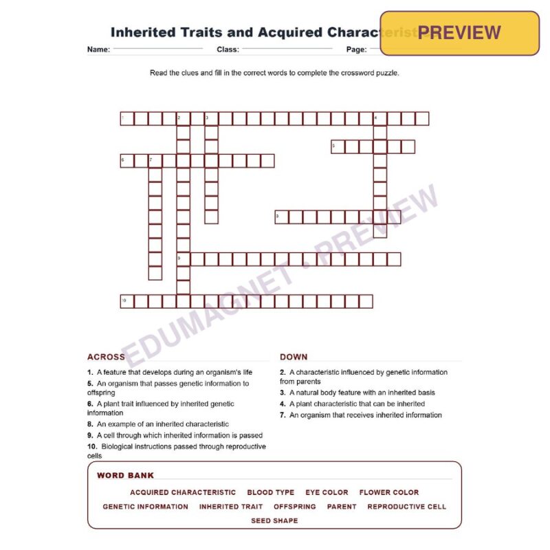 Inherited Traits And Acquired Characteristics (Crossword Worksheets) Virginia SOL LS.10