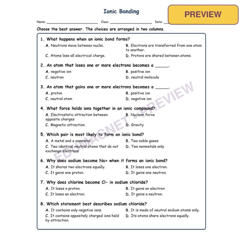 Ionic Bonding Physical Science Virginia SOL PS.3C MCQ Fill Short Exit Worksheets