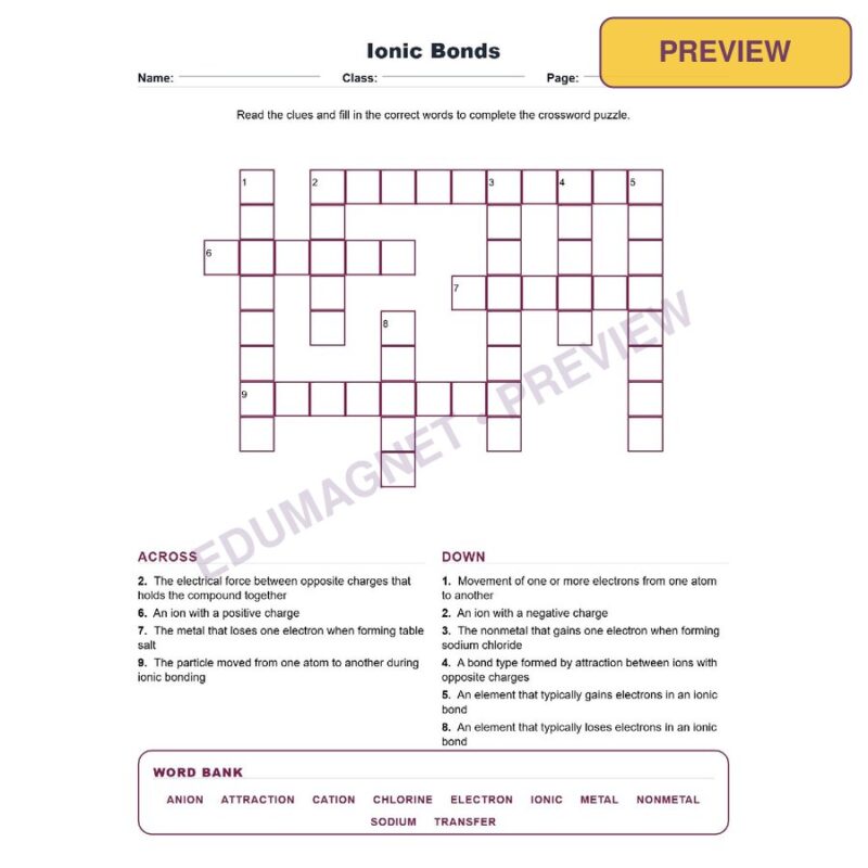 Ionic Bonds (Crossword Worksheets) Grade 8 Science