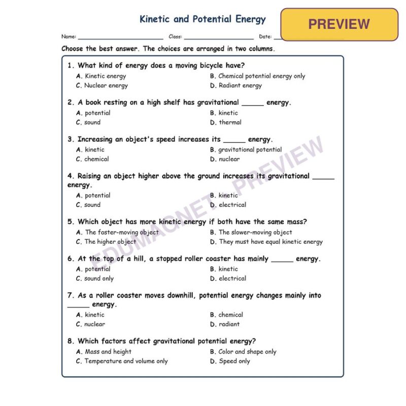 Kinetic And MCQs Fill Written Exit Tickets Worksheet SOL Physical Science