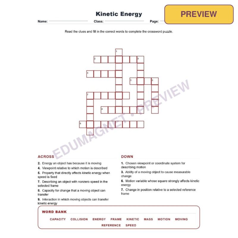 Kinetic Energy (Crossword Worksheets) NGSS MS PS3 1