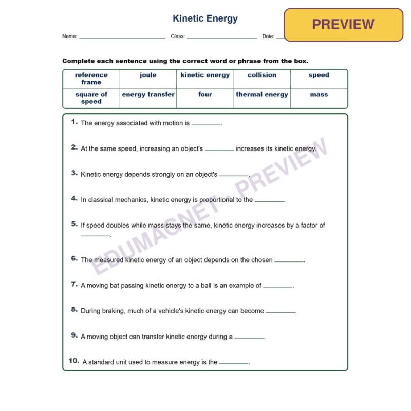 Kinetic Energy Fill MCQ Written Exit Tickets Worksheet NGSS Grade 8