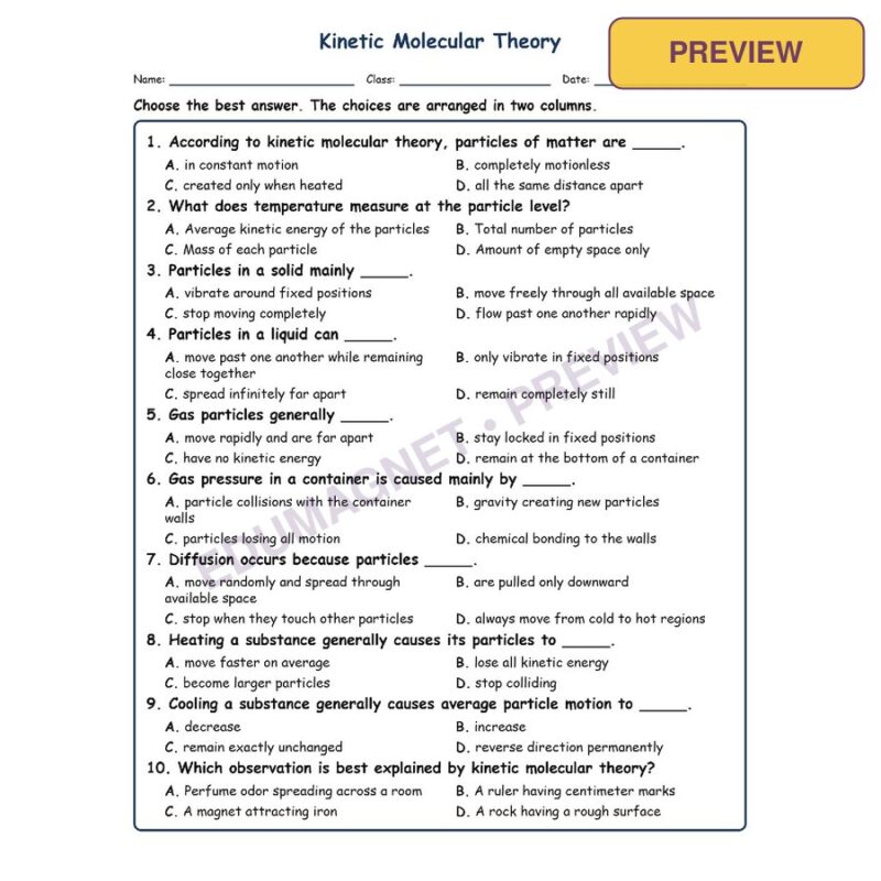 Kinetic Molecular Theory MCQ Fill Written Exit Tickets Worksheet SOL Grade 8