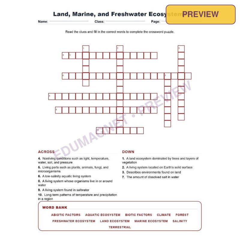 Land Marine And Freshwater Ecosystems (Crossword Worksheets) Virginia SOL LS.6 And LS.7
