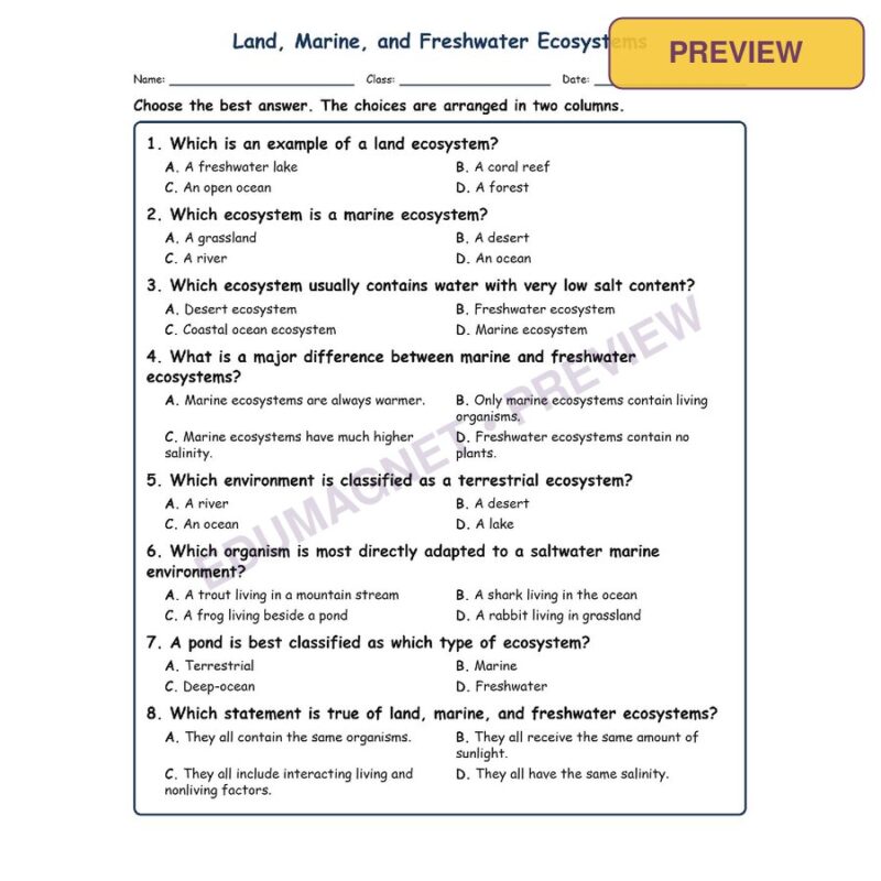 Land, Marine, And Freshwater Ecosystems Life Science Virginia SOL LS.7A MCQ Fill