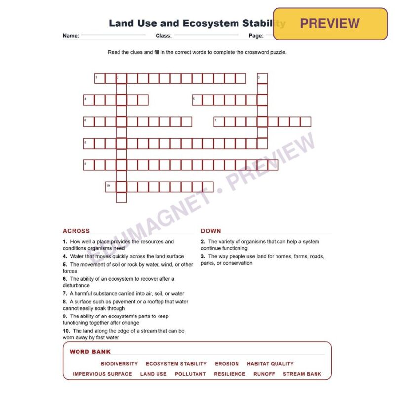 Land Use And Ecosystem Stability (Crossword Worksheets) Virginia Grade 7 Life Science Unit 8