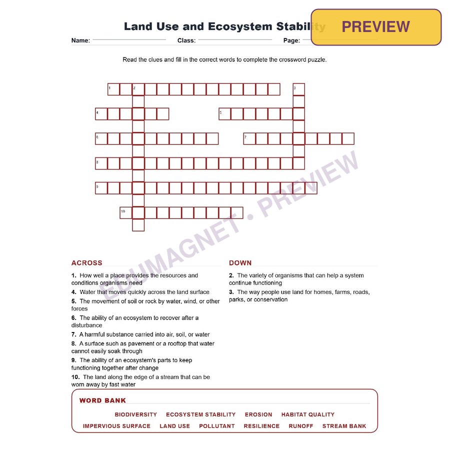 Land Use And Ecosystem Stability (Crossword Worksheets) Virginia Grade 7 Life Science Unit 8