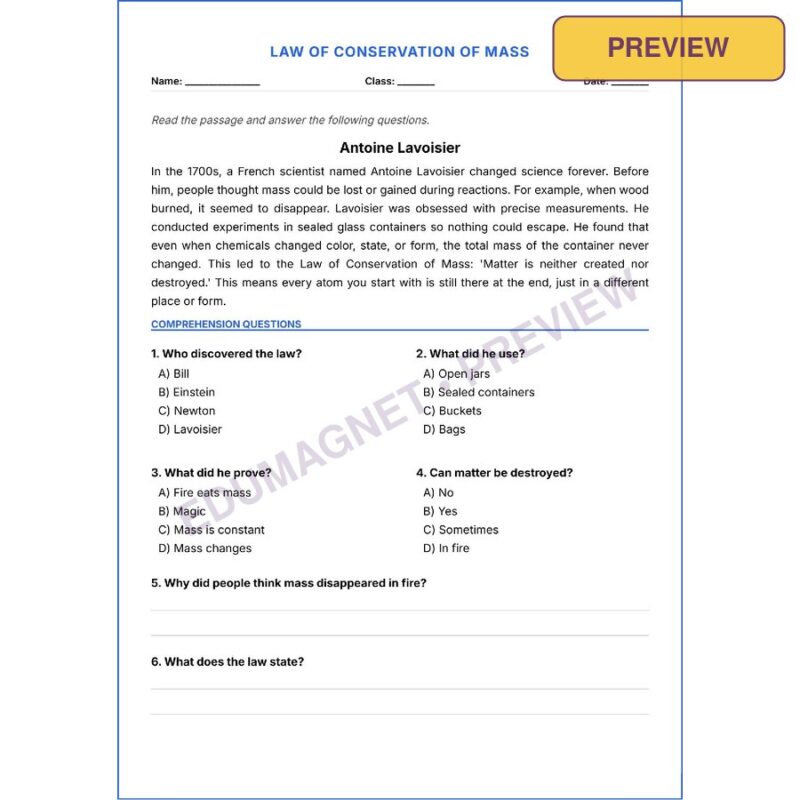 Law Of Conservation Of Mass Grade 8 NGSS Worksheets