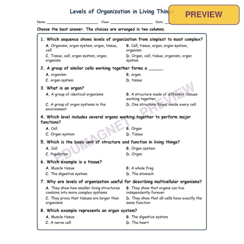 Levels Of Organization In Living Things Life Science Virginia SOL LS.3A MCQ Fill