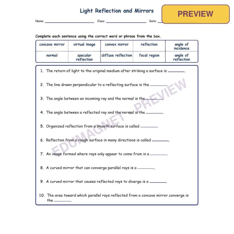 Light Reflection And Mi Fill MCQ Written Exit Tickets Worksheet NGSS Grade 8