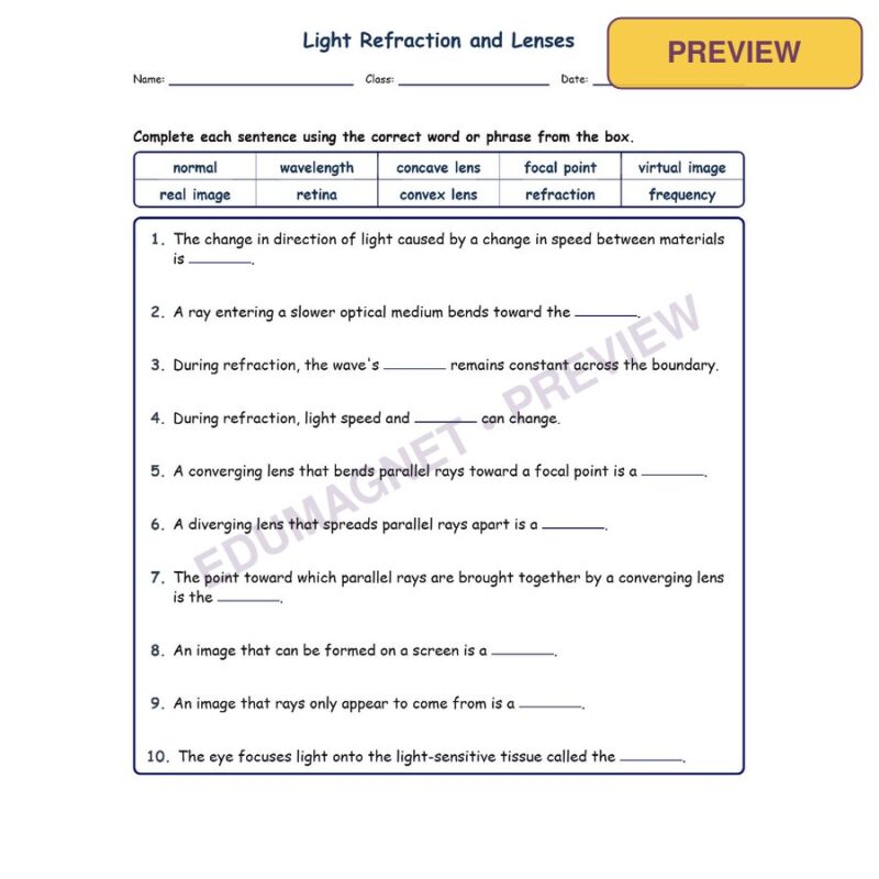 Light Refraction And Le Fill MCQ Written Exit Tickets Worksheet NGSS Grade 8