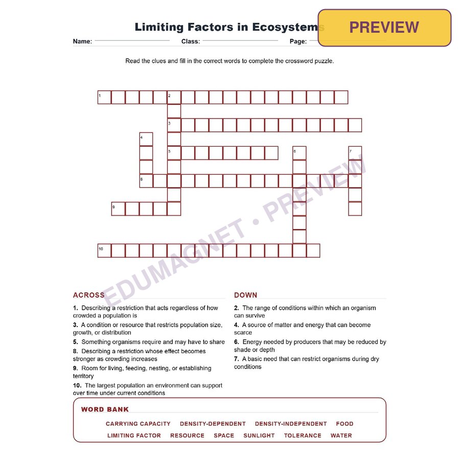 Limiting Factors In Ecosystems (Crossword Worksheets) Virginia Life Science SOL LS.8