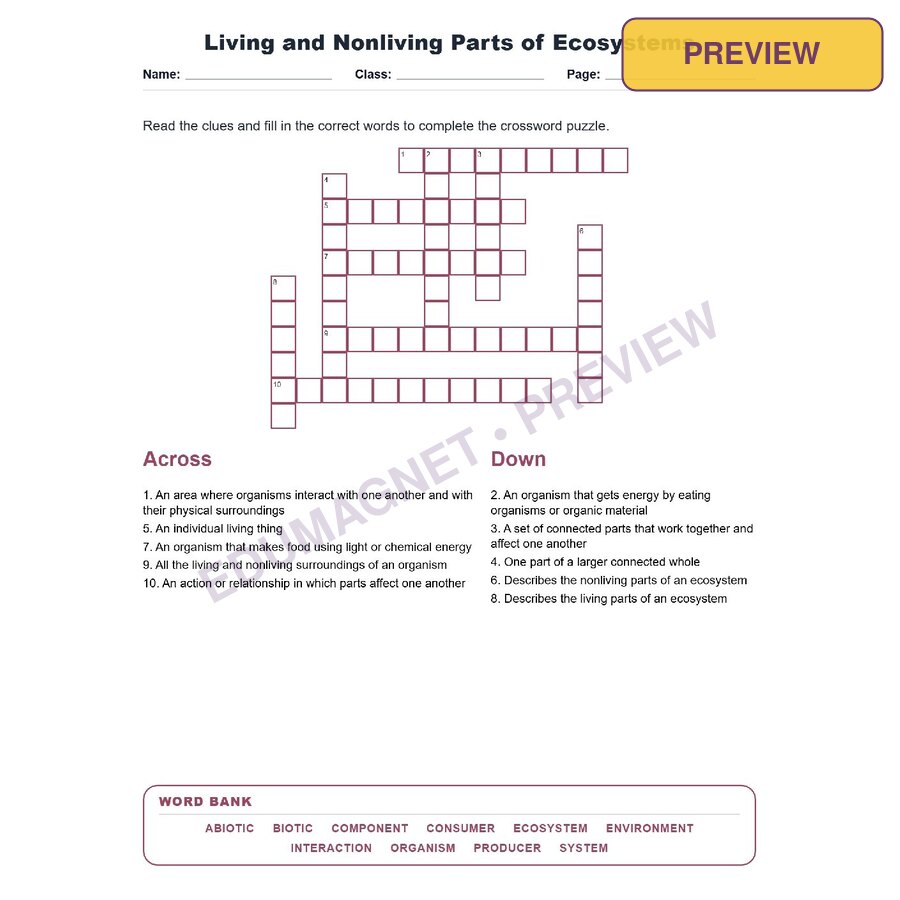 Living And Nonliving Parts Of Ecosystems (Crossword Worksheets) Virginia SOL LS.5