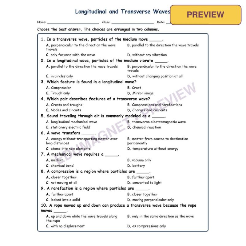 Longitudinal And Transverse Waves MCQ Fill Written Exit Tickets Worksheet SO