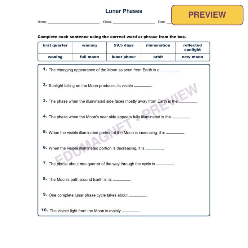Lunar Phases Fill MCQ Written Exit Tickets Worksheet NGSS Grade 8