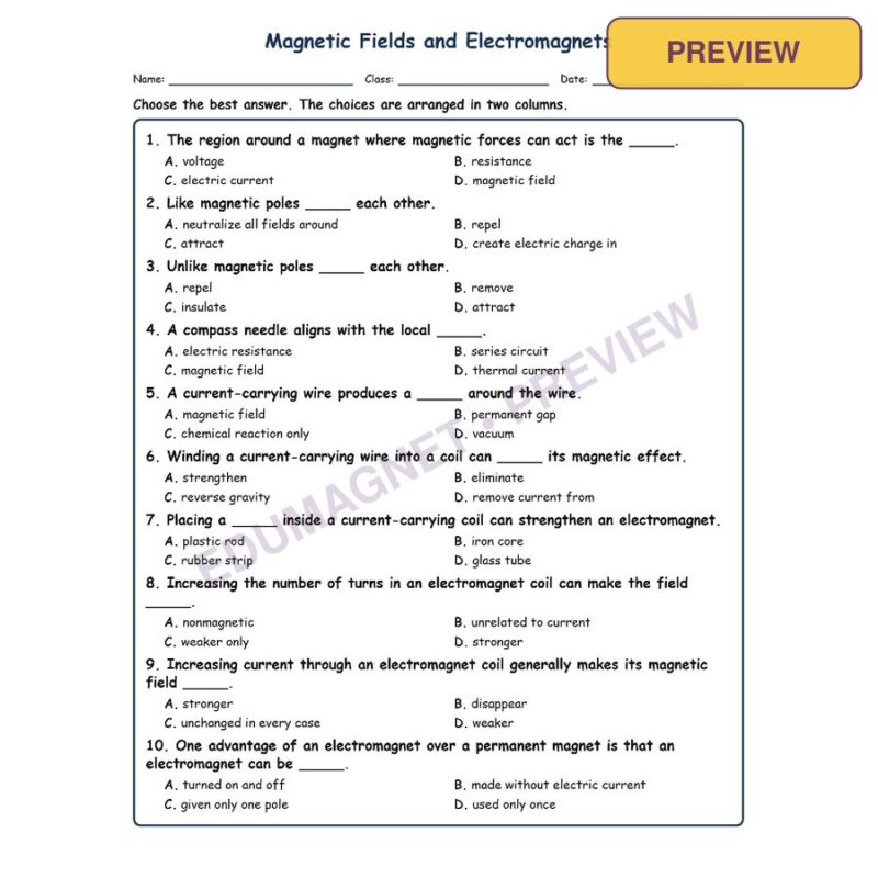 Magnetic Fields And Electromagnets MCQ Fill Written Exit Worksheet SOL Grade 8
